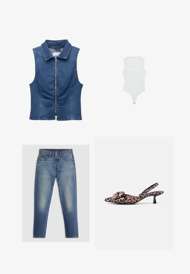 Denim ærmeløs vest med fuld lynlås foran, krave, samlede detaljer foran og et klassisk blå vask.; Hvid bodysuit med firkantet udskæring, uden ærmer, glat tekstur og trykknaplukning forneden. Enkel og minimalistisk stil.; Lyseblå denim jeans med lige pasform, fem lommer, knaplukning og diskret falming på lårene. Kontraststing er synlige.; Spidse slingback hæle i leopardprintet stof med en bue-accent, der har en lav sort hæl og glat tekstur.