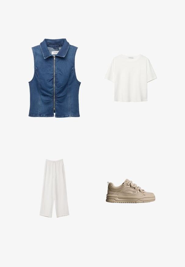 Denim bezrukávový vest, ktorý má zips na celej prednej časti, golier, riasenie v prednej časti a klasickú modrú farbu.; Biela krátkopsová tričko vyrobené z bavlny. Má okrúhly výstrih a voľný strih. Hladká textúra bez viditeľných vzorov alebo akcentov.; Biele široké nohavice vyrobené z ľahkej tkaniny. Obsahujú elastický pás so sťahovacou šnúrkou a bočné vrecká. Hladká textúra.; Bežové semišové tenisky s okrúhlou špičkou, textúrovanými panelmi, hrubou podrážkou a šnurovaním. Obsahujú zadný úchyt pre jednoduché obúvanie.