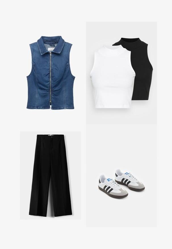 Ärmellose Jeansweste mit durchgehendem Reißverschluss, Kragen, gerafften Details an der Vorderseite und einer klassischen blauen Waschung.; Zwei ärmellose, gerippte Rollkragenoberteile in Schwarz und Weiß, mit einer figurbetonten Passform und glatter Textur sowie einer cropped Länge.; Schwarze weite Hosen aus leichtem Stoff, mit einem Knopfverschluss vorne und flachem Bund, mit sorgfältig genähten Säumen.; Sportschuhe mit einem Obermaterial aus weißem Leder, grauer Wildleder-Zehenkappe und drei schwarzen Streifen. Sie verfügen über ein blaues Logo auf der Zunge und eine strukturierte Gummisohle.