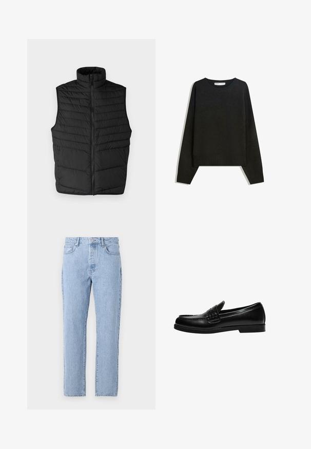 Black quilted puffer vest with high collar, front zipper, and sleeveless design. Features horizontal stitching for texture and insulation.; Black knitted sweater featuring a round neckline, ribbed cuffs, and hem. The design is boxy with dropped shoulders for a relaxed fit.; Light blue denim jeans with a straight-leg design, five pockets, and a button-fly closure. Soft texture with a classic faded finish.; Black leather loafer with a smooth finish, featuring a stitch detail on the vamp and a low, solid black rubber sole.