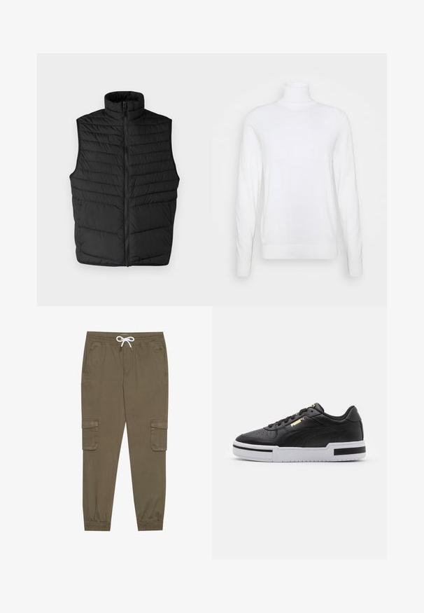 Juodas, siuvinėtas pūkų liemenis su aukštu apykakle, priekiniais užtrauktukais ir be rankovių dizainu. Pasižymi horizontaliais siuvinėjimais, suteikiančiais tekstūrą ir izoliaciją.; Balta golfas su ilgomis rankovėmis, pagamintas iš glotnaus audinio. Pasižymi prigludusia forma, raukšlėtais rankogaliais ir apatine dalimi. Be raštų ar akcentų.; Khaki krovinių kelnės su elastingu juosmeniu ir užtrauktuku, su šoninėmis kišenėmis ir sutrauktomis kulkšnėmis. Pagamintos iš tekstūruotos, lengvos medžiagos.; Juodai odiniai sportbačiai su balta tarpinėmis, perforuotu pirštu, auksiniu logotipu, paminkštintu apykakle ir kontrastingomis juodomis akcentais šone.