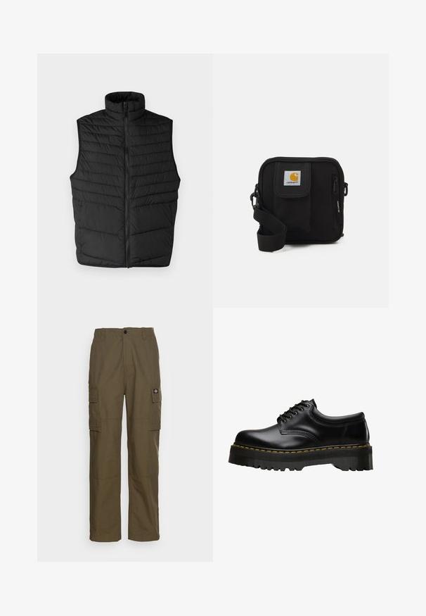 Gilet imbottito nero trapuntato con colletto alto, zip frontale e design senza maniche. Presenta cuciture orizzontali per texture e isolamento.; T-shirt bianca a maniche corte realizzata in cotone, con scollo rotondo e una texture liscia, dal taglio dritto e senza fantasie.; Pantaloni cargo verde oliva, realizzati in tessuto resistente. Presentano due tasche laterali, un punto vita standard e un design a gamba dritta.; Scarpa nera in pelle con lacci, dotata di una soletta in gomma nera spessa e seghettata e cuciture gialle lungo il bordo, con una finitura liscia.; Borsa a tracolla nera con un compartimento principale con zip, tasca frontale, tracolla regolabile e una patch del logo visibile sul risvolto.