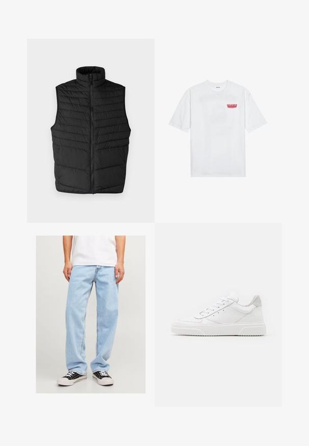 Mustat tikatut puffervestit, joissa on korkea kaulus, vetoketju edessä ja hihattomampi muotoilu. Omistaa vaakasaumat tekstuurin ja eristyksen vuoksi.; Valkoinen puuvillapaita, jossa on lyhyet hihat, pyöreä kaula-aukko ja etupuolella punainen grafiikkateksti "HERKULLINEN RAJAAKASI HEDELMÄ".; Vaaleansiniset farkut rentoa istuvuutta, suorat lahkeet ja tavallinen ommel, yhdistettynä mustiin lenkkareihin.; Valkoiset nahkakengät, joissa on sileä pinta, pyöreä kärki, litteät nauhat ja teksturoitu pohja. Harmaa mokkanahka korostaa kantapäätä.