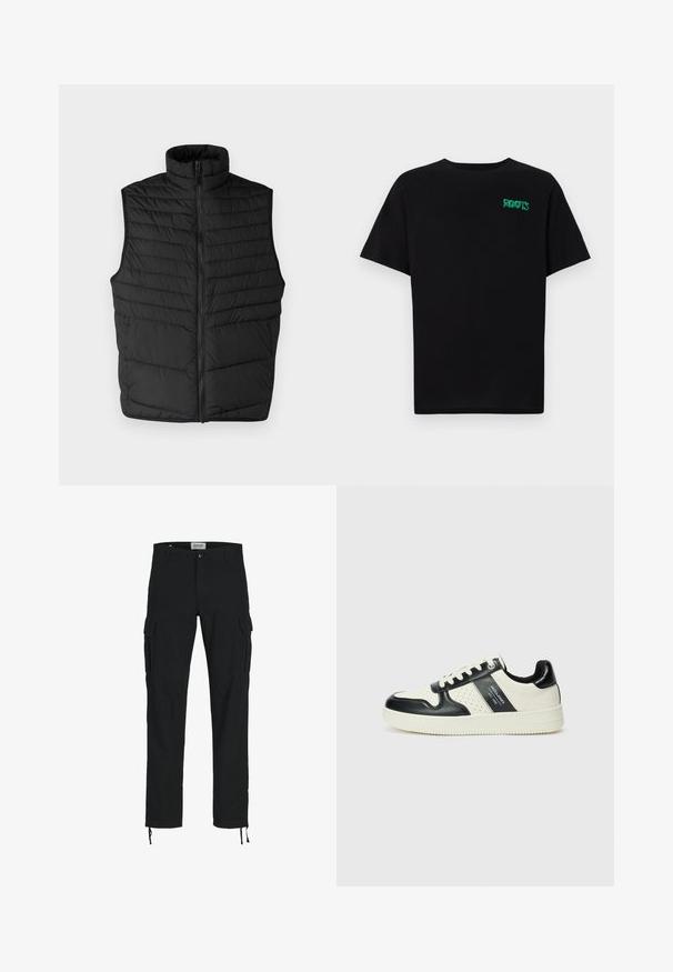 Fekete steppelt puffervest magas gallérral, elülső cipzárral és ujjatlan kialakítással. Vízszintes varrásokkal rendelkezik a textúra és a szigetelés érdekében.; Fekete, pamutból készült póló rövid ujjakkal. Elöl zöld "ROOTS" logóval, kerek nyakkivágással és normál szabással.; Fekete cargo nadrág egyenes szabással, oldalzsebekkel, gombos zárással és rugalmas húzózsinórral a bokáknál. Tartós anyagból készült.; Fekete és krém színű bőrsneaker, perforált díszítésekkel, párnázott bokapánttal és texturált talppal.