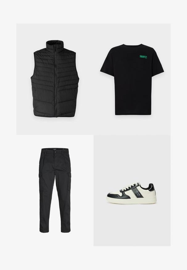 Fekete steppelt puffervest magas gallérral, elülső cipzárral és ujjatlan kialakítással. Vízszintes varrásokkal rendelkezik a textúra és a szigetelés érdekében.; Fekete, pamutból készült póló rövid ujjakkal. Elöl zöld "ROOTS" logóval, kerek nyakkivágással és normál szabással.; Fekete cargo nadrág, amely tartós anyagból készült, több zsebet tartalmaz, gombos záródással rendelkezik, és karcsú szabású, szűkített lábakkal bír.; Fekete és krém színű bőrsneaker, perforált díszítésekkel, párnázott bokapánttal és texturált talppal.