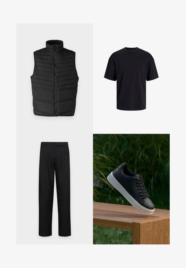 Juodas, siuvinėtas pūkų liemenis su aukštu apykakle, priekiniais užtrauktukais ir be rankovių dizainu. Pasižymi horizontaliais siuvinėjimais, suteikiančiais tekstūrą ir izoliaciją.; Juodas medvilninis marškinėlis su apvaliu iškirpimu, trumpomis rankovėmis ir laisvu siluetu. Glotni tekstūra, be matomų raštų ar akcentų.; Juodi kelnių modeliai, pagaminti iš lygios medžiagos, turi tiesią kojas, du priekiniai klostės ir standartinę juosmenį su diržo kilpomis.; Juodas odinis sportbačių modelis su lygiu paviršiumi, baltu guminio pado ir šešiomis skylutėmis raišteliams, eksponuojamas ant medinės paviršiaus.