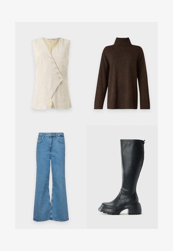 Top senze maniche in lino beige con scollatura a V, caratterizzato da un fronte avvolgente e sei bottoni decorativi. Texture liscia e linee pulite.; Maglione brown in maglia con colletto alto a costine, maniche larghe e una texture morbida. Presenta una vestibilità rilassata e dettagli a costine sulle maniche.; Jeans svasati di un blu chiaro, realizzati in denim, con vita alta, cinque tasche e chiusura a un bottone. Morbido al tatto con una finitura scolorita.; Stivale lungo in pelle nera con suola piatta robusta e tacco a blocco, dotato di linguetta e battistrada testurizzato sulla suola.