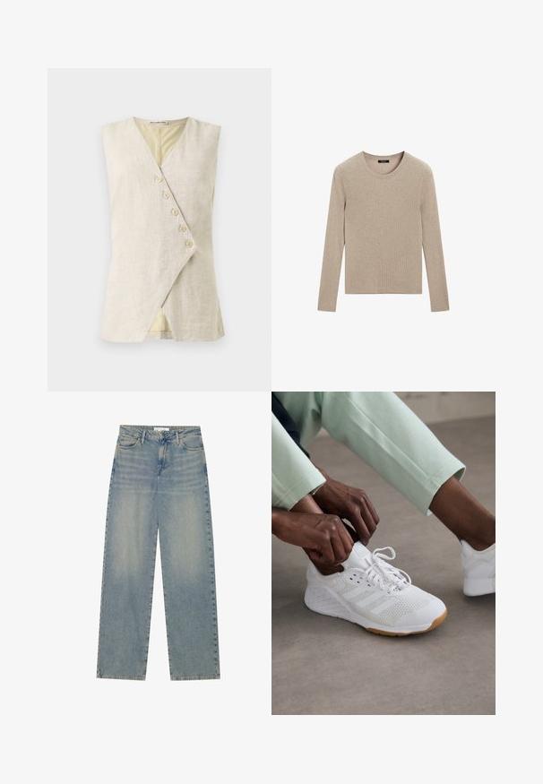 Beige Leinen ärmelloses Top mit V-Ausschnitt, das eine Wickeloptik aufweist und mit sechs dekorativen Knöpfen versehen ist. Glatte Textur und klare Linien.; Massimo Dutti RIBBED CREW NECK - Strickpullover - LIGHT BROWN; Helle blaue, hochgeschnittene, gerade geschnittene Jeans aus Denim mit Fronttaschen, Gürtelschlaufen sowie sichtbarem Knopf- und Reißverschluss.; Weißer Sportschuh mit einem Mesh-Obermaterial, Gummisohle und einem Design mit drei Streifen. Die Schnürsenkel werden ajustiert; hellgraue und mintgrüne Kleidung ist sichtbar.