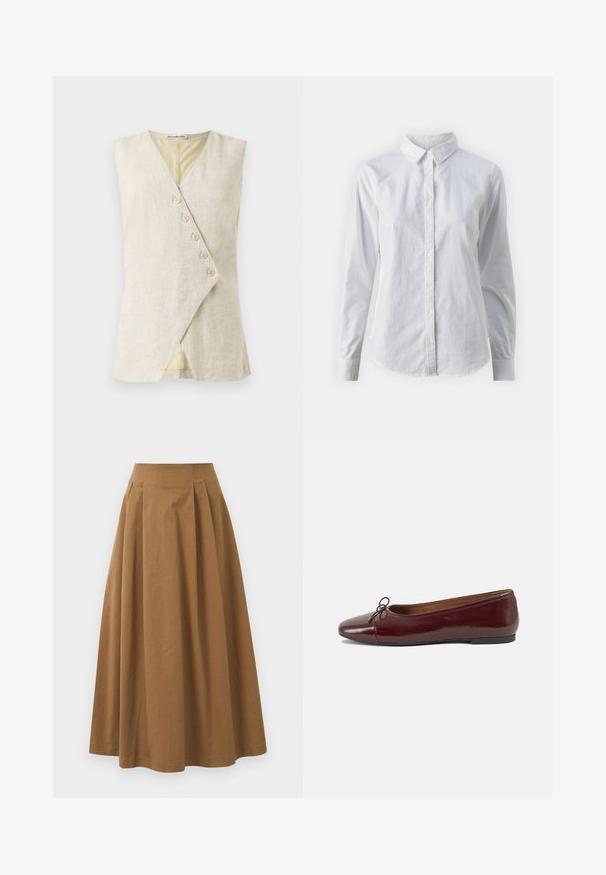 Top sans manches en lin beige avec un décolleté en V, présentant un devant croisé et six boutons décoratifs. Texture lisse et lignes épurées.; Chemise blanche à manches longues en coton lisse, dotée d'un col classique et d'un ourlet arrondi. Les boutons sont petits et blancs.; Jupe A-line en coton brun avec taille haute, dotée de plis sur le devant et d'une texture lisse. Les finitions de l'ourlet sont nettes et simples.; Ballerines en cuir verni bordeaux avec un bout rond, un petit nœud décoratif à l'avant et une semelle en caoutchouc noire basse. Texture lisse.