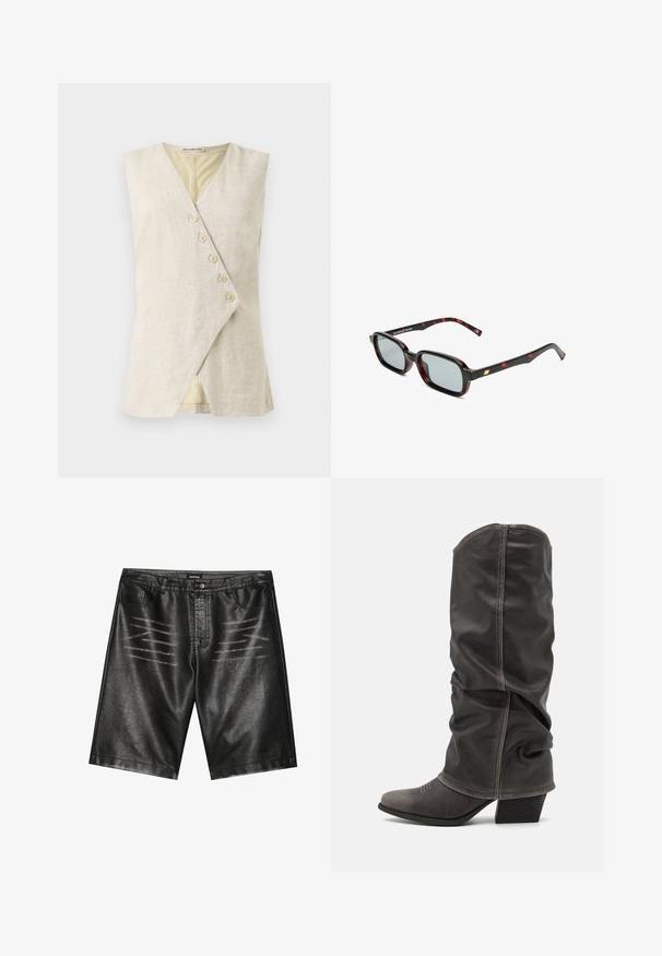 Beżowa lniana bluzka bez rękawów z dekoltem w kształcie litery V, z przodem w stylu kopertowym i sześcioma ozdobnymi guzikami. Gładka tekstura i czyste linie.; Teksturowany, beżowy i brązowy materiał w wzór węża, o asymetrycznym kształcie, zaprojektowany z myślą o unikalnym, nowoczesnym wyglądzie.; Czarne szorty z syntetycznej skóry o gładkiej teksturze, pięcioma kieszeniami i subtelnymi paskami na przodzie. Klasyczny, prosty krój.; Szare skórzane botki do połowy łydki o luźnym kroju, wносująca toe i z blokowanym obcasem. Zauważalne detale przeszycia w okolicy palców.; Okulary przeciwsłoneczne o prostokątnych czarnych i czerwonych ramach z szarymi soczewkami oraz złotym akcentem na zauszniku. Projekt jest elegancki i nowoczesny.; Torebka w wężowy wzór z zakrzywionym uchwytem. Wykonana z teksturowanych, beżowych i brązowych materiałów, z charakterystycznym wzorem w diamenty.