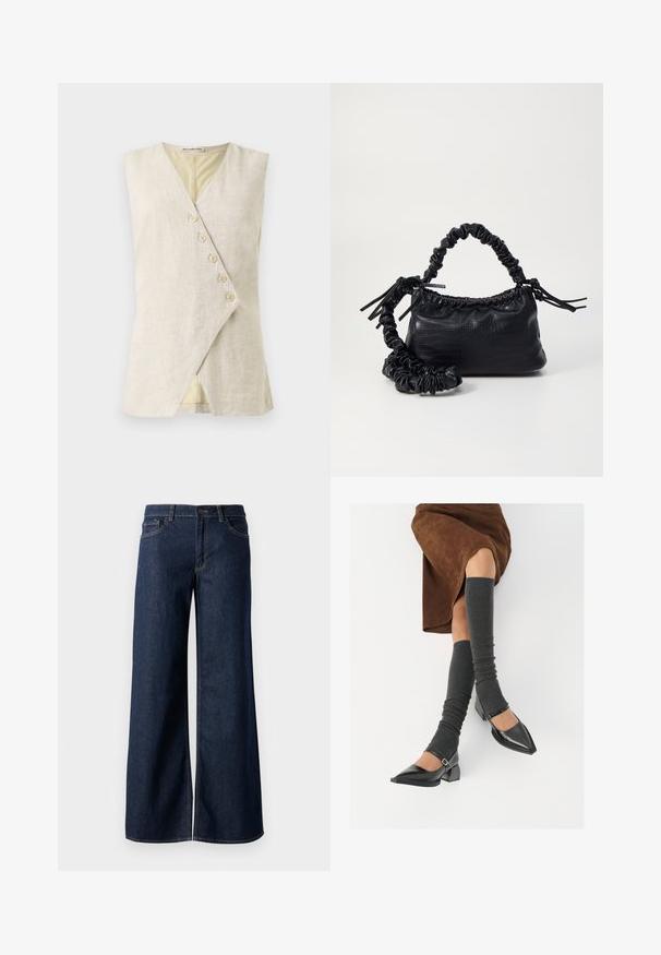 Beige Leinen ärmelloses Top mit V-Ausschnitt, das eine Wickeloptik aufweist und mit sechs dekorativen Knöpfen versehen ist. Glatte Textur und klare Linien.; Schwarzes, langärmliges, figurbetontes Oberteil mit quadratischem Ausschnitt, gekennzeichnet mit GAP, vor einem weißen Hintergrund präsentiert.; Weite Jeans in dunkelblauem Denim. Merkmale sind kontrastierende Nähte, fünf Taschen und ein Knopfverschluss an der Taille. Glatte Textur.; Schwarze lacklederne spitze Schuhe mit Blockabsatz und Knöchelriemen, kombiniert mit grauen gerippten Beinstulpen und einem braunen Wildlederrock.; Schwarze Handtasche aus Kunstleder mit Krokodilstruktur, gerafftem oberen Teil und einem geschoppten Tragegurt. Sie wirkt weich und kompakt im Design.