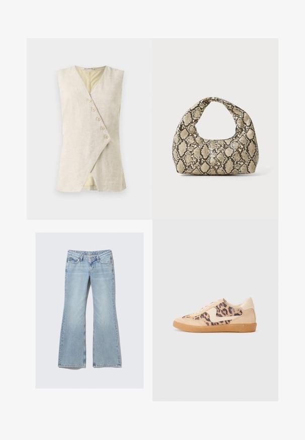 Beżowa lniana bluzka bez rękawów z dekoltem w kształcie litery V, z przodem w stylu kopertowym i sześcioma ozdobnymi guzikami. Gładka tekstura i czyste linie.; Czarny długi rękaw top z dekoltem łódkowym, asymetrycznym krojem i bocznymi wiązaniami do regulacji dopasowania. Miękki, elastyczny materiał o gładkiej teksturze.; Weekday NOVA niebieski; Sneakers w panterkowym wzorze, z beżową zamszową cholewką, brązową gumową podeszwą i białymi akcentami. Okrągły czubek i sznurowany fason z fakturowym wykończeniem.; Torebka w wężowy wzór z zakrzywionym uchwytem. Wykonana z teksturowanych, beżowych i brązowych materiałów, z charakterystycznym wzorem w diamenty.
