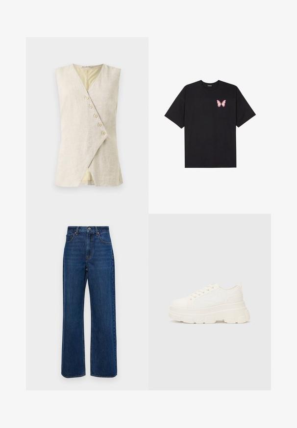 Bež lanena bezrukavna majica s V-izrezom, s prednjim dijelom u obliku omče i šest ukrasnih dugmadi. Glatka tekstura i čiste linije.; Crna pamučna majica s kratkim rukavima, s malim grafičkim prikazom ružičaste vjetricaste s desne strane na prsima. Dizajn s okruglim izrezom i opuštenim krojem.; Tamno plave široke traperice od denima, s visokim strukom, pet džepova i vidljivim šavovima duž šavova.; Bijela platnena tenisica s debelim potplatom, zaobljenim vrhom i pet rupica za vezice. Stražnji tab za jednostavno obuvanje. Glatka tekstura, minimalistički dizajn.