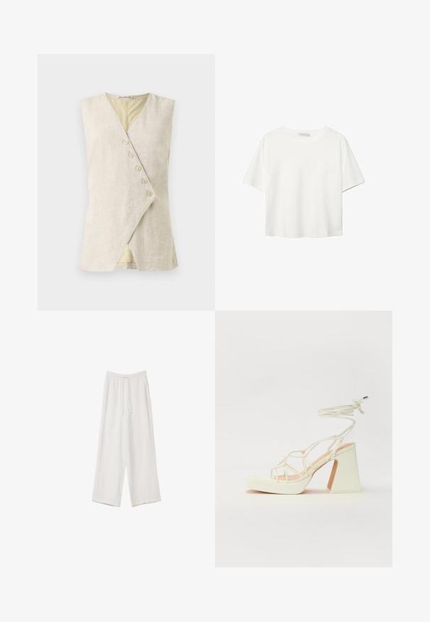 Bež lanena bezrukavna majica s V-izrezom, s prednjim dijelom u obliku omče i šest ukrasnih dugmadi. Glatka tekstura i čiste linije.; Bijela majica kratkih rukava od pamuka. Ima okrugli izrez i opušteni kroj. Glatka tekstura bez vidljivih uzoraka ili naglasaka.; Bijele hlače širokih nogavica napravljene od lagane tkanine. Imaju elastičan pojas s ušicom i bočne džepove. Glatka tekstura.; Bijela sandala na visokoj potpetici s debelim petom, s remenom i vezanjem oko gležnja. Glatka tekstura s platformom sprijeda za dodatnu visinu.