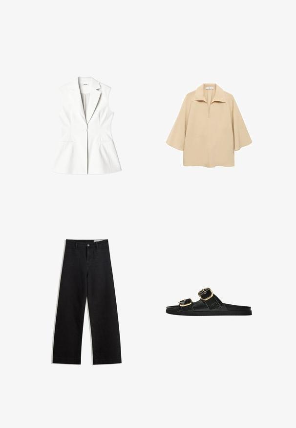 White sleeveless blazer with a tailored design, V-neck, subtle stitching, single button closure, and two front pockets. Smooth fabric texture.; Beige blouse made of lightweight fabric, featuring a wide collar, half placket, and elbow-length sleeves with a loose fit.; Black wide-leg denim pants with a high waist, featuring front and back pockets, stitched seams, and a button closure. Smooth texture.; Black slide sandal with two gold buckle accents, smooth textured material, flat sole, and a minimalist design.