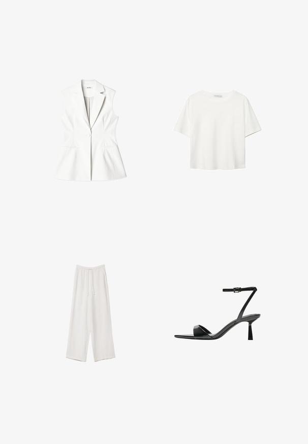 Bela brezrokavnik s skrbno zasnovo, V-izrezom, diskretno šivanim detajlom, enojnim gumbom in dvema sprednjima žepoma. Gladka tekstura tkanine.; Bela kratka majica s kratkimi rokavi iz bombaža. Ima okroglo izrezovanje in sproščen kroj. Gladka tekstura brez vidnih vzorcev ali poudarkov.; Bele široke hlače iz lahkega materiala. Imajo elastičen pas s vrvico in stranske žepe. Gladka tekstura.; Bershka Sandali z visoko peto - black