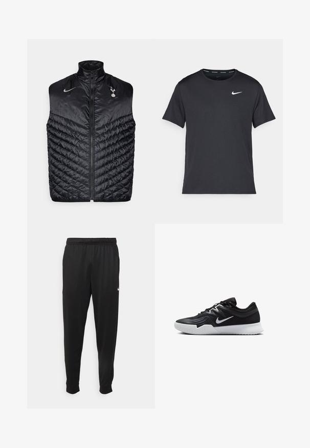 Čierna nadýchaná vesta vyrobená z lesklého materiálu, s vysokým golierom a diagonálnym prešívaním. Vyšitá značka na hrudi a plný zips.; Čierne bežecké tričko Nike vyrobené z ľahkého a priedušného materiálu, s krátkymi rukávmi a malým bielym logom na hrudi.; Čierne športové nohavice z hladkej tkaniny, s elastickým pásom, zužujúcimi sa nohavicami a malým bielym logom na ľavej strane.; Čierna športová topánka s textúrovaným zvrškom, bielym logom Nike a bielou gumovou podrážkou. Má šnurovací dizajn a dynamický tvar.