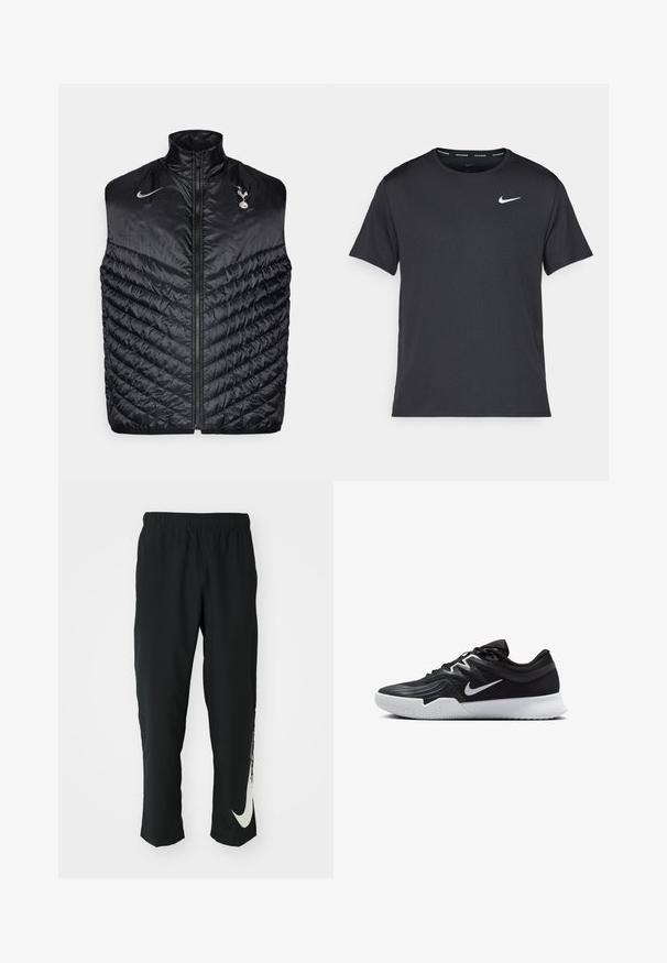Zwart donzen vest gemaakt van glanzend materiaal, met een hoge kraag en diagonaal gestikt patroon. Geborduurd logo op de borst en volledige ritssluiting.; Zwarte Nike hardloop T-shirt gemaakt van lichtgewicht, ademend materiaal, met korte mouwen en een klein wit logo op de borst.; Zwarte sportbroeken met elastische tailleband, taps toelopend ontwerp, met een groot wit Nike-logo op het linkerbeen. Zachte, lichte stof.; Zwarte sportieve schoen met een gestructureerde bovenkant, witte Nike swoosh en een witte rubberen zool. Beschikt over een veterontwerp en een dynamische vorm.