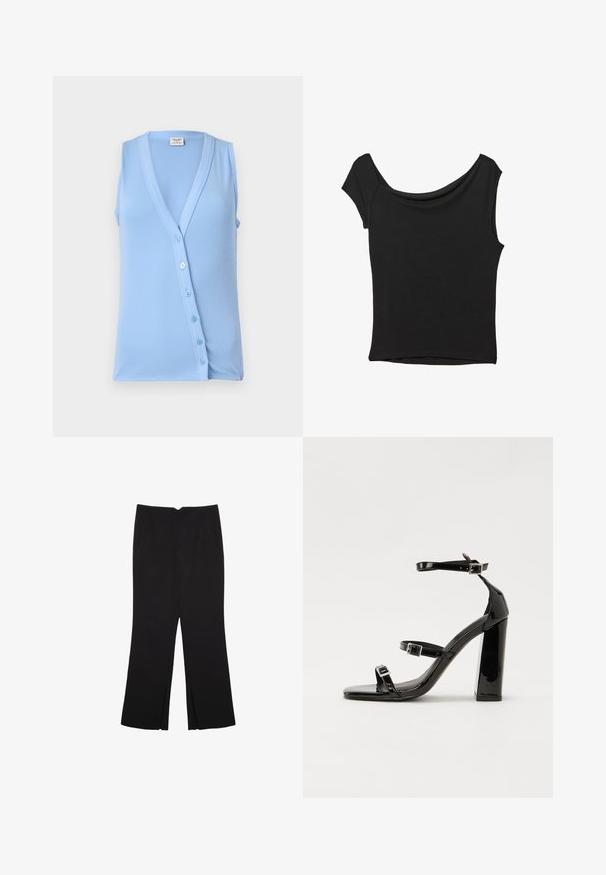 Lichtblauw mouwloos topje met een V-hals en knoopsluiting, met ribbelstructuur en een getailleerde pasvorm. Zacht materiaal en subtiele accenten.; Zwart korte mouwen top gemaakt van een gladde stof; met een gedrapeerde halslijn en een asymmetrische zoom, met een getailleerd lijfje.; Zwarte broek met een rechte pasvorm, voorzien van zijzakken en plooien aan de onderzijde. Gemaakt van zachte, gladde stof. Geschikt voor verschillende gelegenheden.; Zwarte gepatenteerde sandalen met hak en een vierkante neus, enkelbandjes en zilveren gespen. Heeft een stevige blokhak voor stabiliteit.
