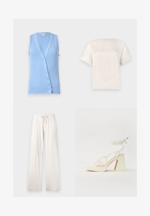 Heled sinine ilma varrukateta top, millel on V-kujuline kaelus ja nööpidega sulgemine, muster on ribakujuline ning sobib kenasti keha ümber. Pehme kude ja õrnad detailid.; Lühikeste varrukatega ümardatud kaelusega T-särk suhkruvalges, valmistatud siledast kangast, millel on lõdvestatud lõige ja minimaalsed õmblusdetailid varrukatel.; Heledad beežid püksid, mis on valmistatud pehmest kangast, millel on paelaga vöökoht, laiad sääred ja vertikaalsed õmblused, lisaks sujuv tekstuur.; Valged kõrge kontsaga sandaalid, millel on paks konts ja rihmadega disain koos pahkluu sidumisega. Sile tekstuur ja platvorm ees, et lisada kõrgust.