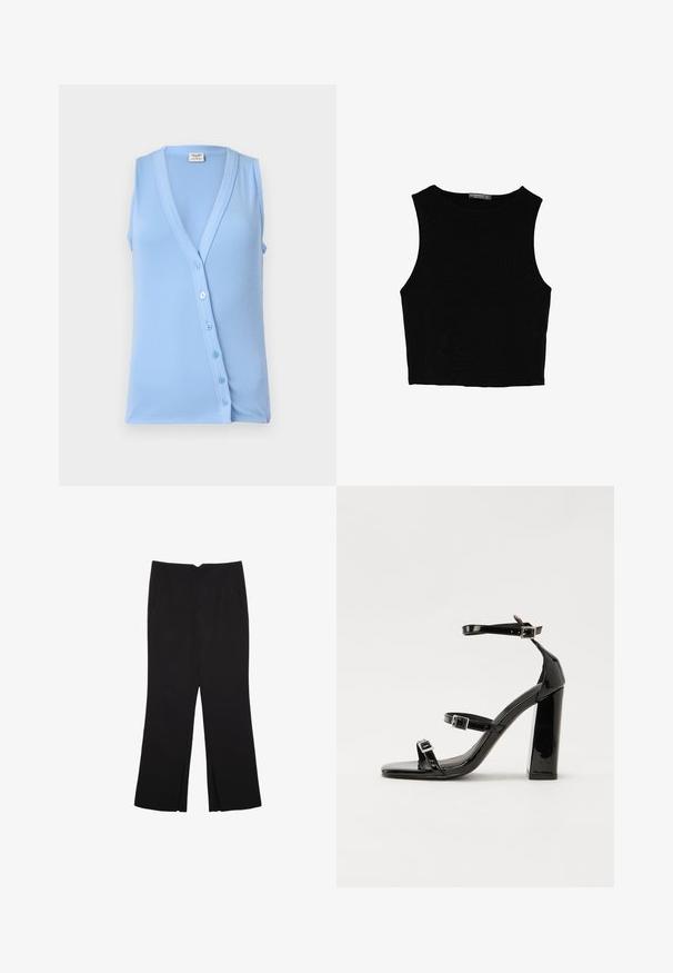 Light blue sleeveless top with a V-neck and button closure, featuring ribbed texture and a fitted shape. Soft fabric and subtle accents.; Black sleeveless crop top made of smooth fabric, featuring a round neck and a clean, simple design without patterns or hardware.; Black trousers with a straight fit, featuring front pockets and side slits at the hem. Made of soft, smooth fabric. Suitable for various occasions.; Black patent heeled sandals with a square toe, ankle straps, and silver buckles. Features a chunky block heel for stability.