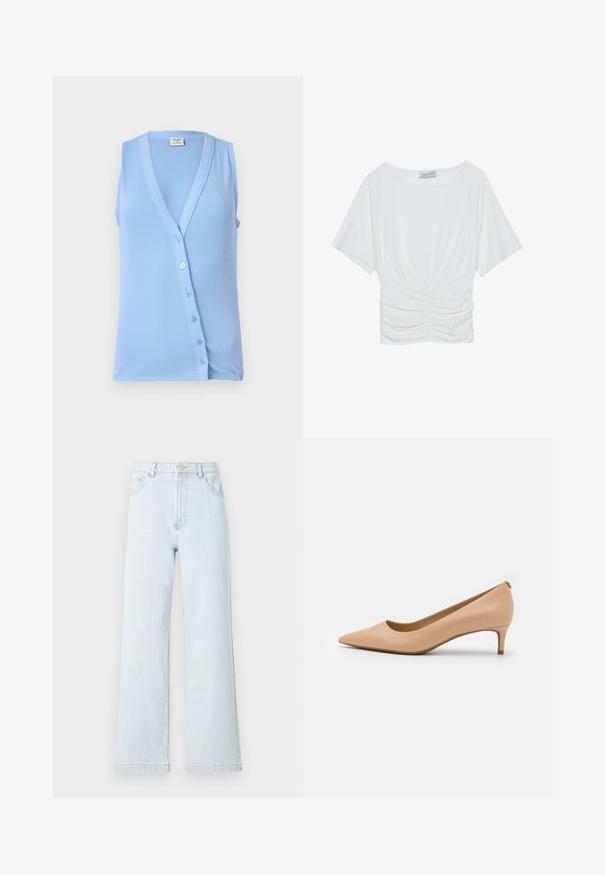 Light blue sleeveless top with a V-neck and button closure, featuring ribbed texture and a fitted shape. Soft fabric and subtle accents.; White short-sleeve top with a relaxed fit, featuring a gathered ruched design at the waist and smooth fabric texture. Label: Anna Field.; Light blue denim wide-leg jeans with a high waist, five-pocket design, and gold stitching details. Smooth texture and straight cut.; Pointed-toe pump in light beige leather, featuring a low heel, smooth surface, and minimalist design with a subtle back detail.