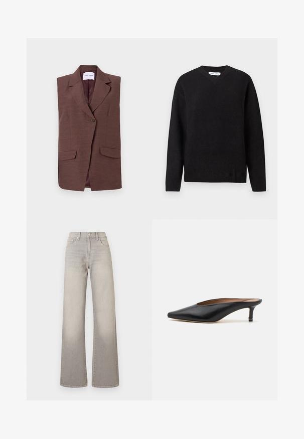 Bruine mouwloze blazer met een notch-kraag, enkele knoopsluiting en twee voorzakken. Gladde textuur met een subtiele glans.; Zwarte v-hals trui van een zachte wolmix, met lange mouwen en geribbelde manchetten en onderrand. Eenvoudig, klassiek ontwerp zonder patronen of accenten.; Grijze wijde jeans met een vervaagde afwerking, knoopsluiting, vijfzakkenontwerp en gestikte details langs de naden.; Zwarte leren muiltjes met een puntige neus en een lage, blokhak. Glad oppervlak met een gestroomlijnd ontwerp. Open achterkant met minimale details.