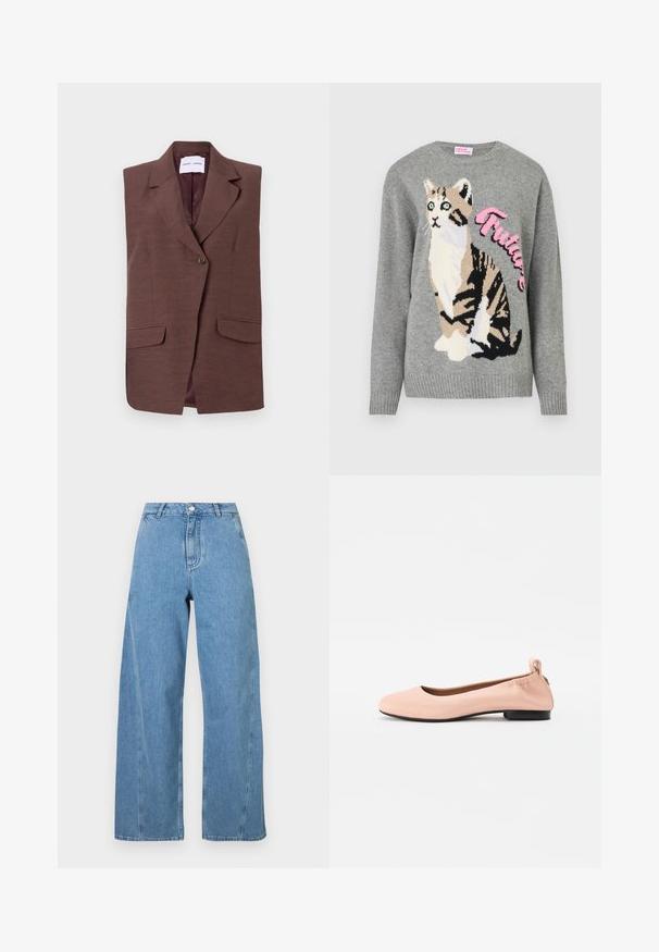 Blazer fără mâneci, de culoare maro, cu guler tip notch, închidere cu un singur nasture și două buzunare frontale. Textură netedă cu un luciu subtil.; Pulover gri tricotat cu un grafic de pisică în negru și bej, având cuvântul "Viitor" scris cu roz pe față.; Jeans cu croi larg, de culoare albastru deschis, fabricate din denim, având talie înaltă, tăietură dreaptă și cusături în contrast de-a lungul cusăturilor.; Balerini de culoare roz pal, confecționați dintr-un material neted, cu vârf rotund, spate flexibil și un toc mic negru.