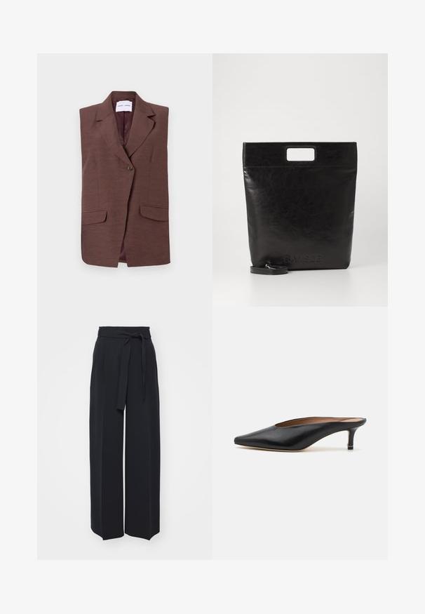 Bruine mouwloze blazer met een notch-kraag, enkele knoopsluiting en twee voorzakken. Gladde textuur met een subtiele glans.; Witte cropped sweatshirt met lange mouwen, voorzien van een ketting- en hartpatroon in metallic draad langs de halslijn en schouders.; Zwarte wijde broek van zachte stof. Voorzien van een ceintuur en plooien aan de voorkant. Glad textuur met een strakke, hedendaagse stijl.; Zwarte leren muiltjes met een puntige neus en een lage, blokhak. Glad oppervlak met een gestroomlijnd ontwerp. Open achterkant met minimale details.; Zwarte leren draagtas met een vierkant handvat, met een gestructureerde afwerking en een reliëflogo. Inclusief een afneembare schouderband.