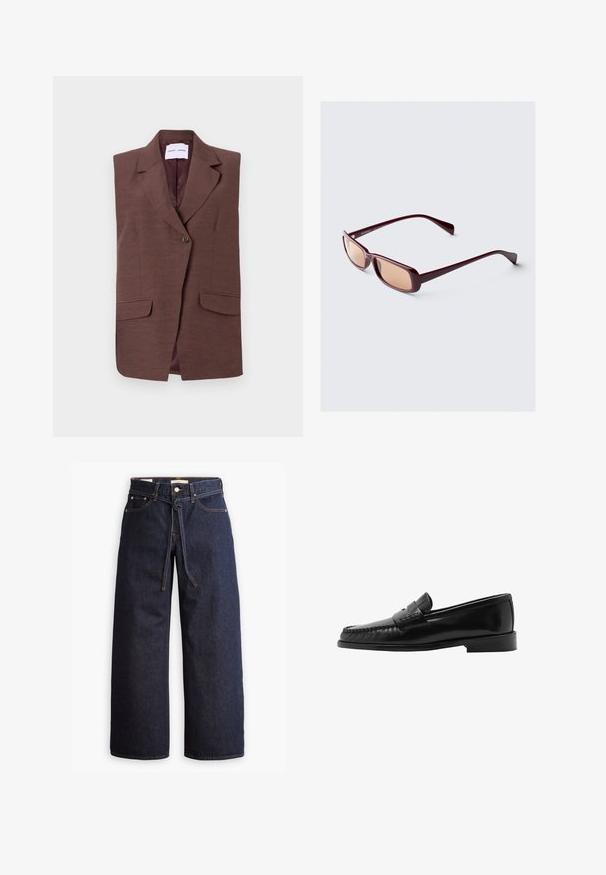 Brauner ärmelloser Blazer mit einem Reverskragen, einem Knopfverschluss und zwei vorderen Taschen. Glatte Textur mit einem subtilen Glanz.; Weißes Langarmhemd aus geripptem Stoff mit Rundhalsausschnitt und taillierter Form. Keine Muster oder Akzente sind vorhanden.; Weite, dunkelblaue Jeans aus Denim mit hoher Taille, ausgestattet mit einem Kordelzug, fünf Taschen und kontrastierenden Nähdetails.; Schwarzer Lederloafer mit geschwungener Silhouette, dekorativem Riemen, strukturiertem Stich und flacher Gummisohle. Glatte Oberfläche und elegantes Design.; Burgunderfarbene Sonnenbrille mit rechteckigem Rahmen, verlaufenden Gläsern und eleganten Bügeln. Das Material hat eine glatte, glänzende Oberfläche.; Geflochtene burgunderfarbene Handtasche mit runder Form und einem einzelnen Griff, die über eine strukturierte Oberfläche und einen elastischen Kordelzugverschluss verfügt.