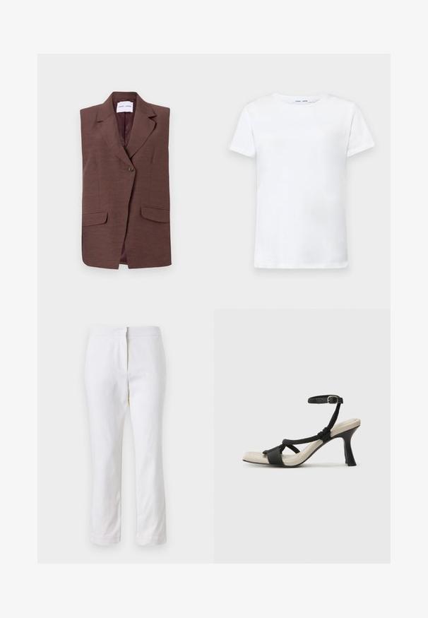 Smeđi prsluk bez rukava s ovratnikom, jednim gumbom i dva prednja džepa. Glatka tekstura s suptilnim sjajem.; Bijela kratka majica s kratkim rukavima od pamuka s dizajnom okruglog izreza. Glatka tekstura i ravni kroj, bez uzoraka ili naglaska.; Bijele pamučne hlače ravnog kroja, sa strukom srednje visine i bez vidljivih metalnih dijelova ili uzoraka. Glatka tekstura kroz cijelu dužinu.; Crne sandale na visokom potpetici s dizajnom pletenih trakica, kvadratnim vrhom i podešivom trakicom oko gležnja. Svijetlosmeđi ulošci s sjajnim crnim potpeticama.