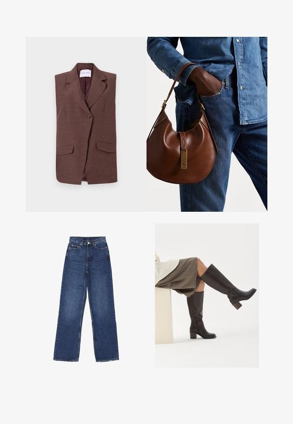Brauner ärmelloser Blazer mit einem Reverskragen, einem Knopfverschluss und zwei vorderen Taschen. Glatte Textur mit einem subtilen Glanz.; Zwei ärmellose, gerippte Rollkragenoberteile in Braun und Schwarz, auf einem schlichten weißen Hintergrund präsentiert.; Weite blaue Jeans mit hoher Taille, Knopfverschluss, fünf Taschen und subtilen Verwaschungen auf dem Stoff.; Braune Lederstiefel bis zum Knie mit eckiger Zehenpartie, blockiertem Absatz und seitlichem Reißverschluss. Glatte Oberfläche mit polierter Optik.; Braune Leder-Hobo-Tasche mit runder Form, ausgestattet mit goldenen Hardware-Details und kontrastierenden Nähten. Kombiniert mit einem Jeanshemd und Jeans.
