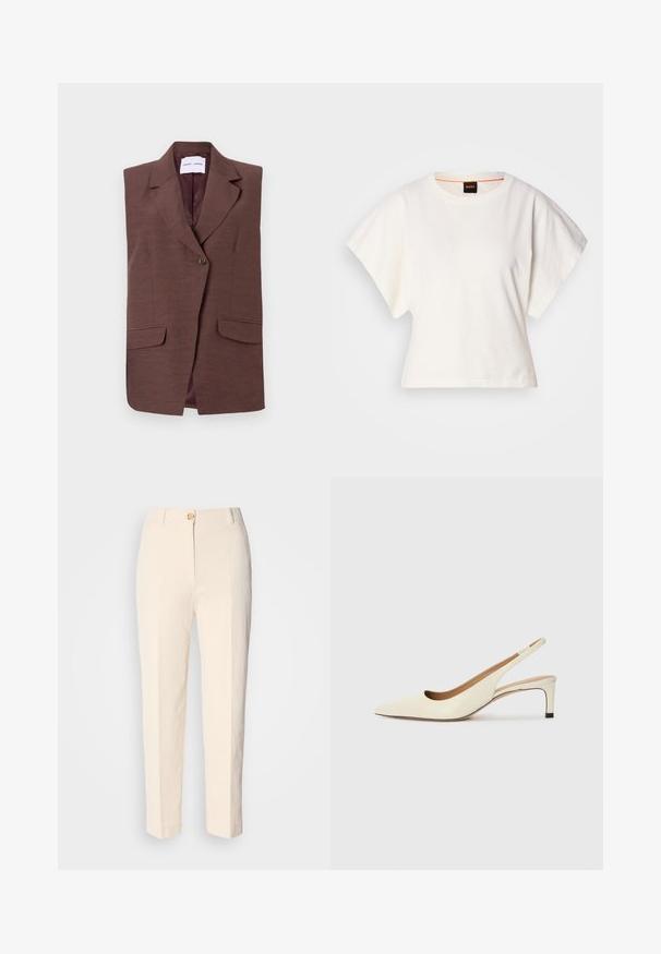 Pruuni ilma varrukateta bleiser, millel on nurgakolmnurkne krae, ühekohaline nööp ja kaks eesmist taskut. Sile tekstuur kerge läikega.; Valge lühikeste laiadte varrukatega lühike T-särk, pehme puuvillane materjal, ümar kaelus kergelt oranži ääristusega, minimaalne disain, ilma mustrite ja graafikateta.; Kreemikas värvi kõrge vöökohaga püksid, mis on valmistatud tekstureeritud kangast. Omab esFront nuppude sulgemist ja kitsenevaid jalgu.; Kitsaste ninaga slingback-kingad heledast nahast, madala kontsaga ja lõikega disainiga, millel on sile tekstuur ja minimaalne aksessuaaride kasutus.