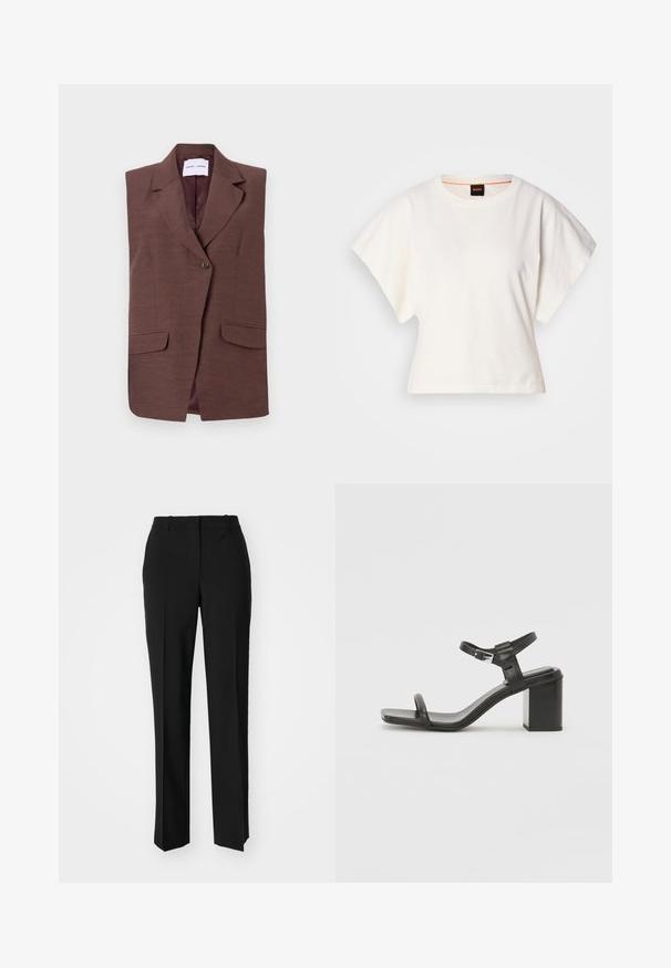 Blazer senza maniche marrone con colletto a cono, chiusura con un solo bottone e due tasche frontali. Tessuto liscio con una leggera lucentezza.; T-shirt bianca cropped, maniche corte e larghe, tessuto di cotone morbido, scollatura rotonda con bordino arancione sottile, design minimale, senza motivi o grafiche.; Pantaloni neri su misura con un design a gamba dritta, caratterizzati da una texture liscia e pieghe ben definite sul davanti. Senza hardware visibile.; Sandalo in pelle nera con tacco a blocco e una fascia larga sopra le dita, dotato di una cinghia regolabile alla caviglia, caratterizzato da un design elegante e minimalista.