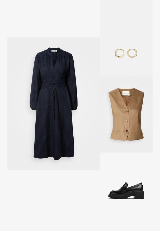 Brown vest with a v-neck design, featuring two front pockets, a six-button closure, and a smooth, textured fabric.; Navy blue dress with vertical pinstripes, long sleeves, pleated neckline, and a belted waist. Features two front pockets.; Black leather chunky-heeled loafer with thick sole and a strap detail across the top, shown from the side on a white background.; Black leather hobo bag with a single, soft, rounded handle; features a smooth texture and a minimalist design. No visible hardware or accents.; Gold hoop earrings with a textured, irregular shape. Features a seamless closure and a polished surface finish, emphasizing a modern design.