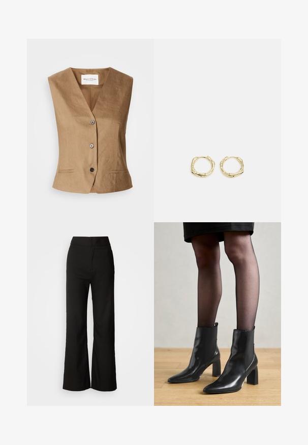 Pruun vesti V-kaelusega disainiga, millel on kaks esikotti, kuus nuppu sulgemiseks ja sile, tekstuuriline kangas.; Mustvalgitud must kootud kampsun, millel on V-kaelus ja pikad varrukad. Omab vabalt langetatud lõiget ning väikest metallist logo aktsenti vasakus allnurgas.; Mustad laiad püksid sujuva tekstuuriga, kõrge vöökoht ja puhas disain. Ei ole nähtavaid taskuid ega dekoreerimist.; Mustad mustad jalanõud terava ninaga, paksu ruudukujulise kontsaga ja saleda disainiga. Omavad elastseid külgpaneele mugavaks selga tõmbamiseks.; Kuldsete rõngaskõrvarõngaste tekstuuriga, ebakorrapärane kuju. Omab sujuvat lukustust ja poleeritud pinnatöötlust, rõhutades kaasaegset disaini.