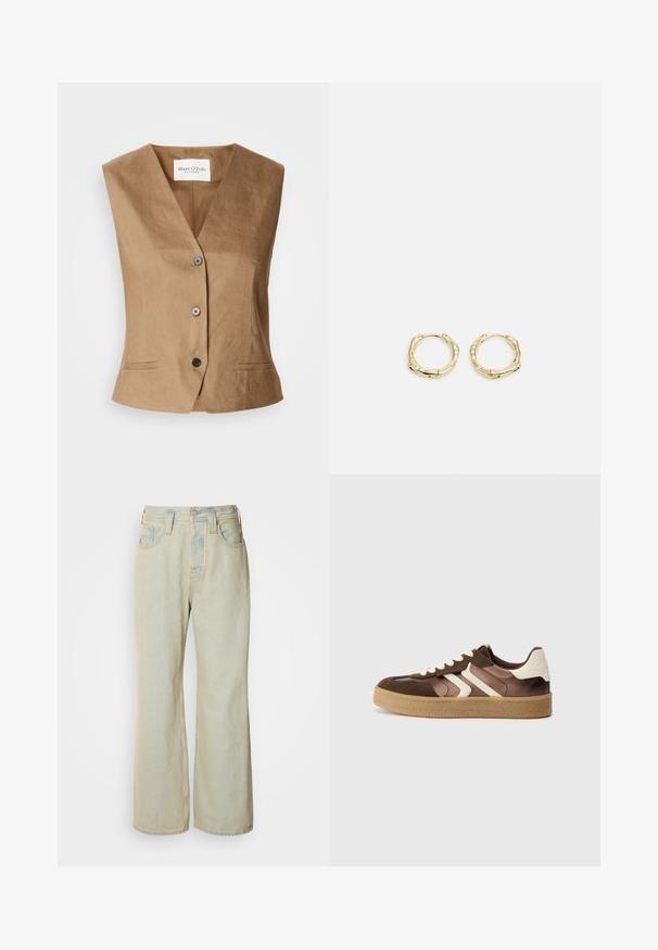 Braune Weste mit V-Ausschnitt-Design, ausgestattet mit zwei Fronttaschen, einer Sechs-Knopf-Verschluss und einem glatten, strukturierten Stoff.; Schwarzer gerippter Strickpullover mit rundem Ausschnitt und langen Ärmeln. Hat einen lockeren Schnitt und eine strukturierte Oberfläche. Etikett: Mare O'Polo.; Hellblaue Schlagjeans aus Denim mit hoher Taille, fünf Taschen und subtilen Ausbleichungen sowie kontrastierenden Nähakzenten.; Braune und cremefarbene Sneakers aus einer Kombination von Wildleder und Satin, mit drei diagonalen Streifen und einer strukturierten Gummisohle.; Goldene Creolen mit einer strukturierten, unregelmäßigen Form. Sie verfügen über einen nahtlosen Verschluss und eine polierte Oberflächenbehandlung, die ein modernes Design betont.