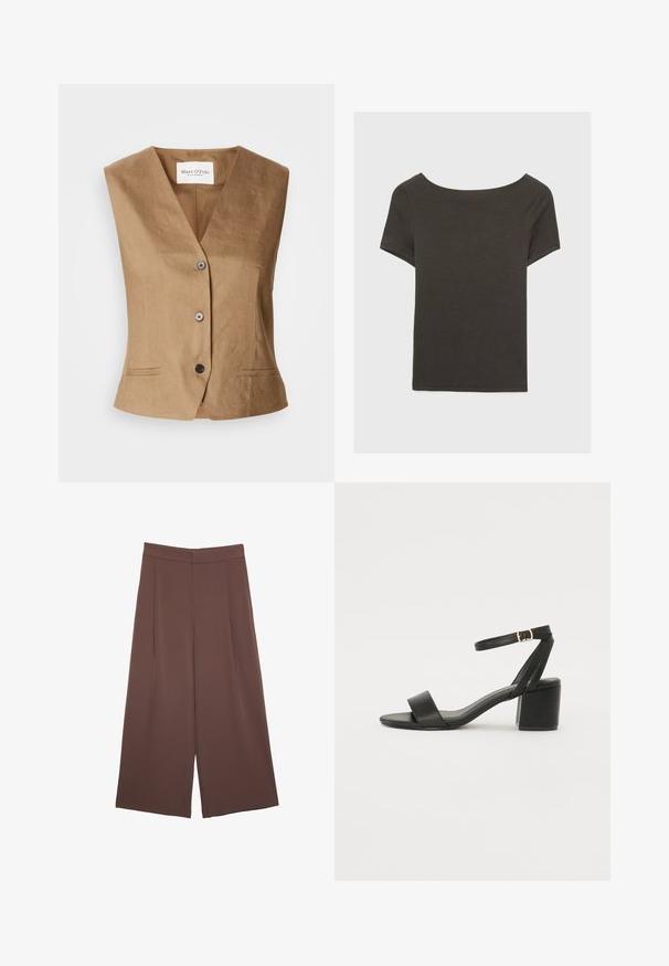 Smeđi prsluk s V-izrezom, koji ima dvije prednje džepove, zatvaranje s šest dugmadi i glatku, teksturiranu tkaninu.; Tamno sivi kratki rukav s izrezom u obliku čamca. Izrađen od rebrastog materijala, s opuštenim krojem i ravnim rubom. Jednostavan dizajn, bez uzoraka.; Smeđe hlače širokog kroja s glatkom teksturom, koje imaju visok struk i nabore sprijeda. Tkanina je lagana i slobodno se kreće.; Crne sandale na visoku petu s glatkim kožnim gornjim dijelom, otvorenom kapicom, širokim prednjim trakama i podesivim remenom oko gležnja s detaljem zlatne kopče.