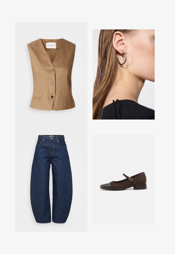 Hnědá vesta s výstřihem do V, obsahující dvě přední kapsy, zapínání na šest knoflíků a hladký, strukturovaný materiál.; Námořnický rolák s dlouhým rukávem. Vyrobeno z měkkého materiálu s hladkou texturou. Má přiléhavý střih a vysoký límec bez viditelných švů.; Tmavě modré džínové kalhoty s širokým, volným střihem. Mají zipový rozparek, čtyři kapsy a kontrastní prošití podél švů.; Hnědé semišové boty Mary Jane s černým lakovaným špičkou, nastavitelným páskem a nízkým blokovým podpatkem. Hladká textura s minimálními akcenty.; Stříbrný kruhový náušník s lesklým povrchem, zdobený malými zlatými akcenty, v kulatém tvaru, nošený na lalůčku.