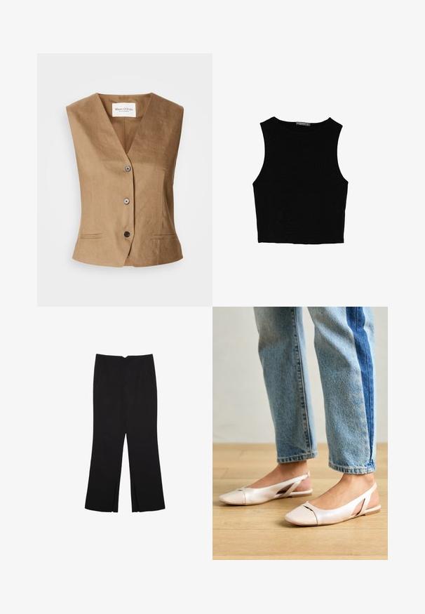 Brązowa kamizelka z dekoltem w serek, z dwoma przednimi kieszeniami, sześcioma guzikami oraz gładkim, teksturowanym materiałem.; Czarny bezrękawnik crop top z gładkiego materiału, z okrągłym dekoltem i czystym, prostym wzornictwem, bez wzorów czy metalowych elementów.; Czarne spodnie o prostym kroju, z przednimi kieszeniami i bocznymi rozcięciami na dole. Wykonane z miękkiego, gładkiego materiału. Odpowiednie na różne okazje.; Jasnoróżowe baleriny na odkrytej pięcie z wąskim noskiem, wykonane z gładkiego materiału imitującego skórę. Posiadają wycięcia po bokach oraz płaski obcas.