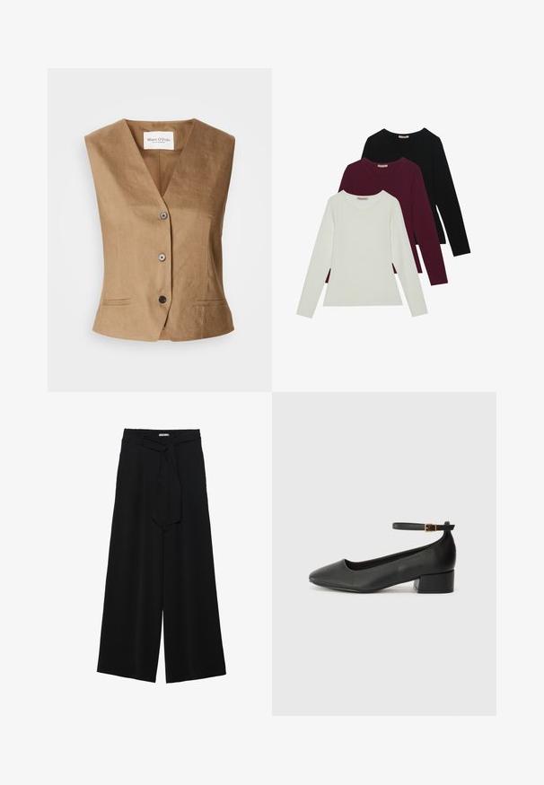 Braune Weste mit V-Ausschnitt-Design, ausgestattet mit zwei Fronttaschen, einer Sechs-Knopf-Verschluss und einem glatten, strukturierten Stoff.; Langarm-T-Shirts in Weiß, Bordeaux und Schwarz. Hergestellt aus weichem Stoff mit Rundhalsausschnitt und figurgerechtem Design. Eignen sich gut zum Schichten.; Schwarze weite Hosen aus strukturiertem Stoff, mit elastischem Bund und einem abnehmbaren Bindegürtel in der Taille für eine verstellbare Passform.; Schwarze Lederpumps mit spitzem Zehenbereich und niedrigem Blockabsatz. Mit einem Knöchelriemen und einer goldfarbenen Schnalle. Glatte Textur.