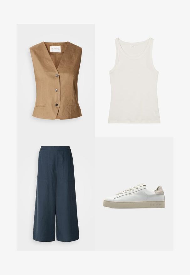 Vest maro cu decolteu în V, având două buzunare frontale, o închidere cu șase butoane și un material neted, texturat.; Top din bumbac alb, fără mâneci, cu un decolteu larg și bretele subțiri. Textură netedă, fără modele sau embellismente vizibile.; Pantaloni cu picioare largi de culoare bleu marin, dintr-un material ușor. Caracteristici o suprafață ușor texturată, talie elastică și cusături frontale.; Adidași din piele albă cu finisaj neted, accente din suede bej, vârf rotund, design cu șireturi plate și talpă din cauciuc texturat.
