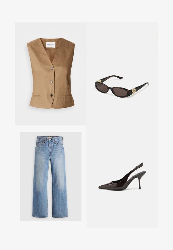 Rudas liemenės su V formos iškirpte dizainas, turinti dvi priekinės kišenes, šešis sagų užsegimus ir lygią, tekstūruotą medžiagą.; Balta maikutė su V formos iškirpte, dekoruota subtiliu nėriniu, plonomis reguliuojamomis petnešėlėmis ir minkšta, glotnia medžiaga.; Šviesiai mėlyni džinsiniai kelnių plačiais kojomis ir aukštu liemeniu, su nusidėvėjusiomis vietomis, penkiomis kišenėmis ir kontrastinėmis siūlėmis. Klasikinis uždarymas mygtuku ir užtrauktuku.; Blizganti tamsiai ruda lakinės odos aukšto kulno bateliai, smailus nosis, atviros šoninės dalys ir reguliuojamas kulkšnies dirželis.; Tortoise kiaurinių saulės akinių su pailgomis ovalo formos lęšiais, rudos spalvos atspalviu, auksinėmis logotipo detalėmis ant šakelių ir elegantiškais juodais rankenėlėmis.; Aukso spiralės auskarai su skaidriais užsegimais, pabrėžiantys tekstūruotus auksinius akcentus ir mažas skaidrias brangakmenių detales.