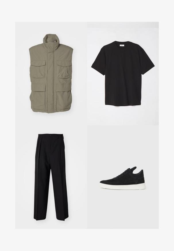 NN.07 PERRY VEST - Waistcoat - khaki; Black cotton t-shirt with a crew neck, short sleeves, and a relaxed fit. Simple design, smooth texture, and no visible patterns or logos.; Black pleated trousers with a straight, wide-leg design. Made from smooth fabric, featuring a button closure and belt loops.; Black suede sneaker with a white rubber sole, featuring tonal stitching and lace-up design. Smooth texture with a modern, streamlined shape.