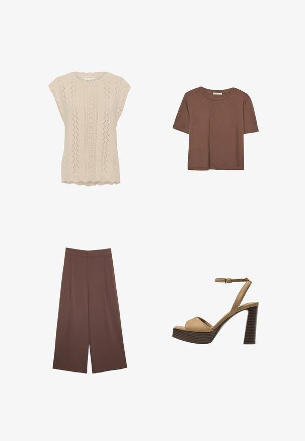Helle beige gestrickte Bluse mit einem Spitzenmuster, gewelltem Ausschnitt und kurzen Puffärmeln. Strukturiert mit einem durchbrochenen Diamantdesign.; Braunes, kurzärmliges T-Shirt aus weichem Material mit rundem Halsausschnitt und lockerer Passform. Keine sichtbaren Muster oder Akzente.; Braune Weite-Leg-Hosen mit einer glatten Textur, hoher Taille und Vorderfalten. Der Stoff ist leicht und fällt locker.; Beige Wildleder-Pumps mit hohem Absatz, breitem Vorderband und Knöchelriemen, ausgestattet mit einem klobigen Holzblockabsatz mit strukturiertem Finish.