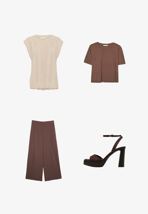 Top lavorato a maglia beige chiaro con motivo in pizzo, scollatura ondulata e maniche corte a cappuccio. Texture con un design a rombi traforato.; Maglietta a maniche corte marrone realizzata in tessuto morbido, con scollatura rotonda e vestibilità rilassata. Nessun motivo o dettaglio visibile.; Pantaloni ampi marroni con una texture liscia, caratterizzati da una vita alta e pieghe frontali. Il tessuto è leggero e scorre liberamente.; Sandal in camoscio marrone con tacco alto, punta aperta, cinturino alla caviglia regolabile e suola a piattaforma striata.
