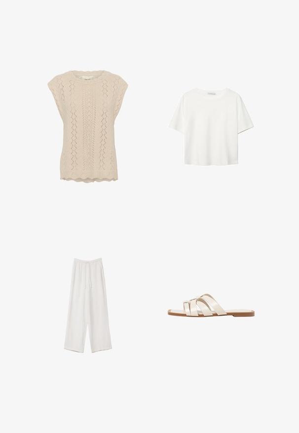 Helle beige gestrickte Bluse mit einem Spitzenmuster, gewelltem Ausschnitt und kurzen Puffärmeln. Strukturiert mit einem durchbrochenen Diamantdesign.; Weißes T-Shirt mit kurzen Ärmeln aus Baumwolle. Hat einen Rundhalsausschnitt und eine lockere Passform. Glatte Textur ohne sichtbare Muster oder Akzente.; Weiße weit geschnittene Hose aus leichtem Stoff. Mit einem elastischen Bund und Kordelzug sowie Seitentaschen. Glatte Textur.; Flache Sandalen mit einer honigfarbenen Gummisohle, gestaltet mit drei überlappenden weißen Lederriemen und einem kleinen Schleifendetail in der Mitte.