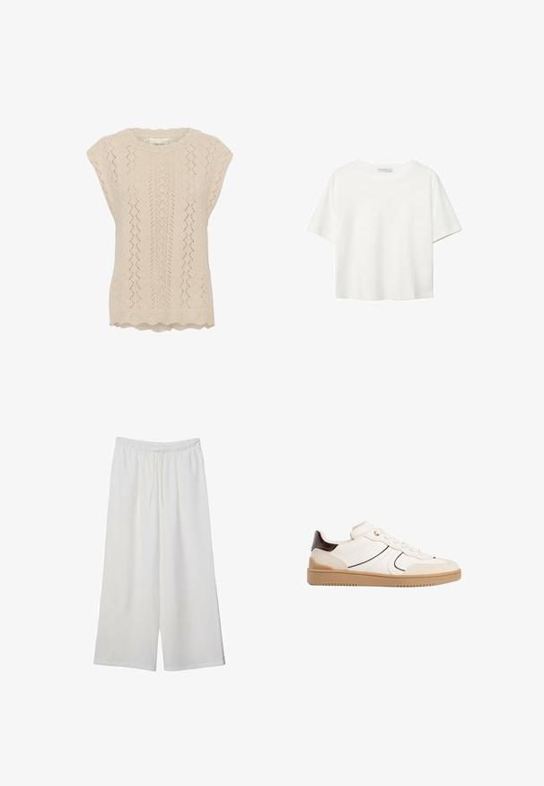 Světlé béžové pletené tričko s krajkovým vzorem, vlnkovým výstřihem a krátkými rukávky. Texturováno otevřeným diamantovým vzorem.; Bílý krátký rukáv tričko vyrobené z bavlny. Má kulatý výstřih a volný střih. Hladký materiál bez viditelných vzorů nebo akcentů.; Bílé kalhoty s širokými nohavicemi vyrobené z lehké tkaniny, s elastickým pasem a stahovací šňůrkou pro nastavitelnou velikost. Hladká textura.; Stradivarius Tenisky - white