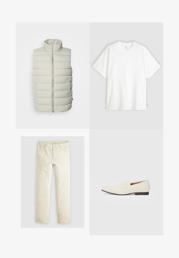 Světle šedá prošívaná vesta s vysokým límcem, vertikálním prošíváním, předním zipem a bočními kapsami pro úložný prostor.; Bílý krátký rukáv tričko vyrobené z bavlny s kulatým výstřihem. Na přední straně se nachází decentní embosované logo a červená cedulka na lemu.; Svetlé béžové volné kalhoty s třemi kapsami, poutky na opasek a rovnými nohavicemi. Vyrobeno z měkké směsi bavlny.; Světlé béžové mokasíny s špičatou špičkou, hladkým materiálem, páskem přes nárt a nízkou hnědou podrážkou. Jednoduchý design s minimálními akcenty.
