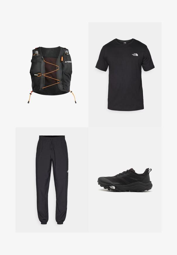 Colete de corrida em malha preta com detalhes em laranja. Apresenta alças ajustáveis, múltiplos bolsos para armazenamento e detalhes refletivos para visibilidade.; T-shirt preto de manga curta feito de algodão, com um decote redondo e um pequeno logótipo branco na parte superior esquerda do peito.; Calças atléticas pretas feitas de tecido leve, com um cós ajustável por cordão, bolsos laterais e punhos afunilados nos tornozelos.; Sapatilha de trail running preta com um upper texturizado, sola de borracha e biqueira reforçada. Possui um colarinho acolchoado e uma alça para facilitar o calçar.